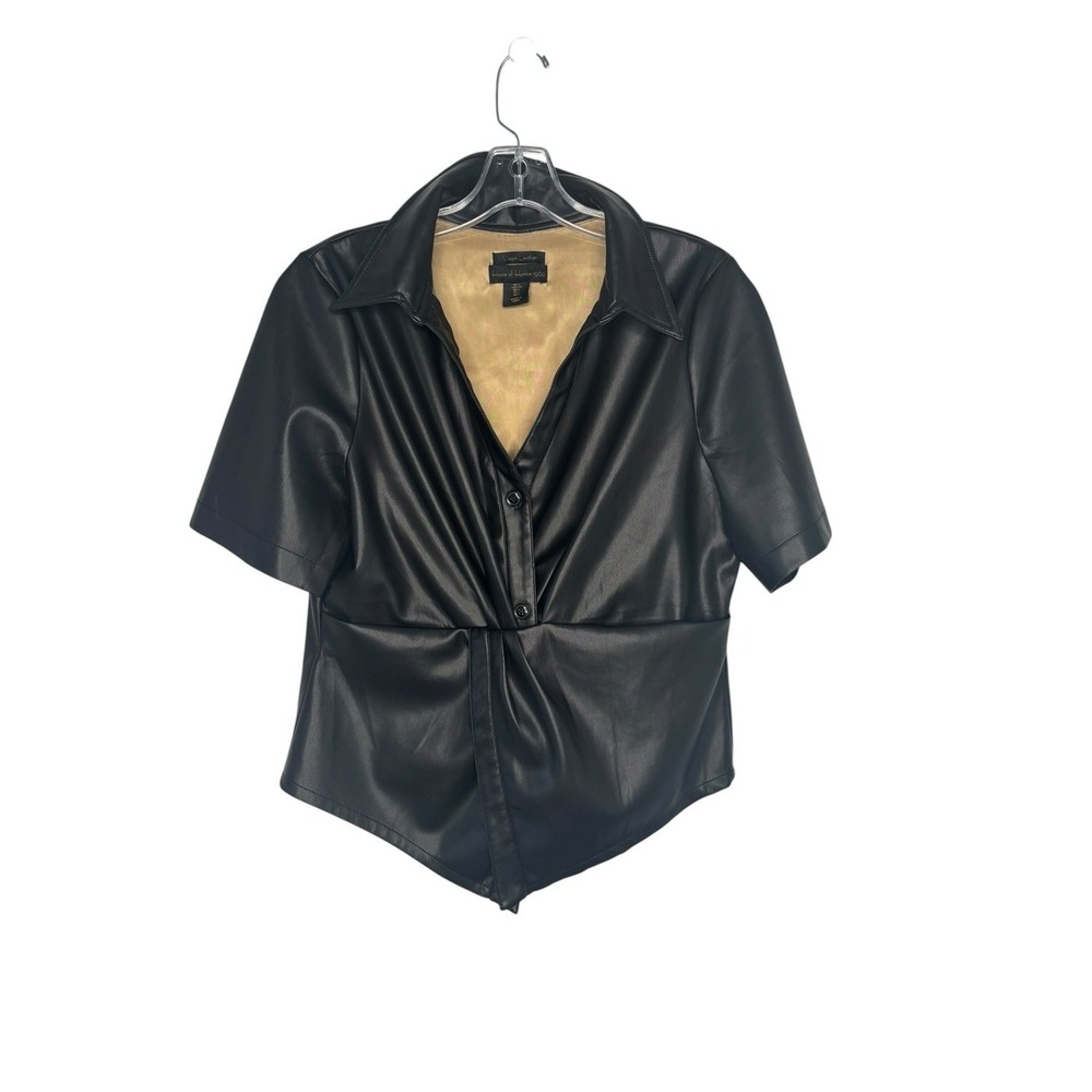 House of Harlow 1960‎ Black Vegan Leather Twist Front Short Sleeve Top L